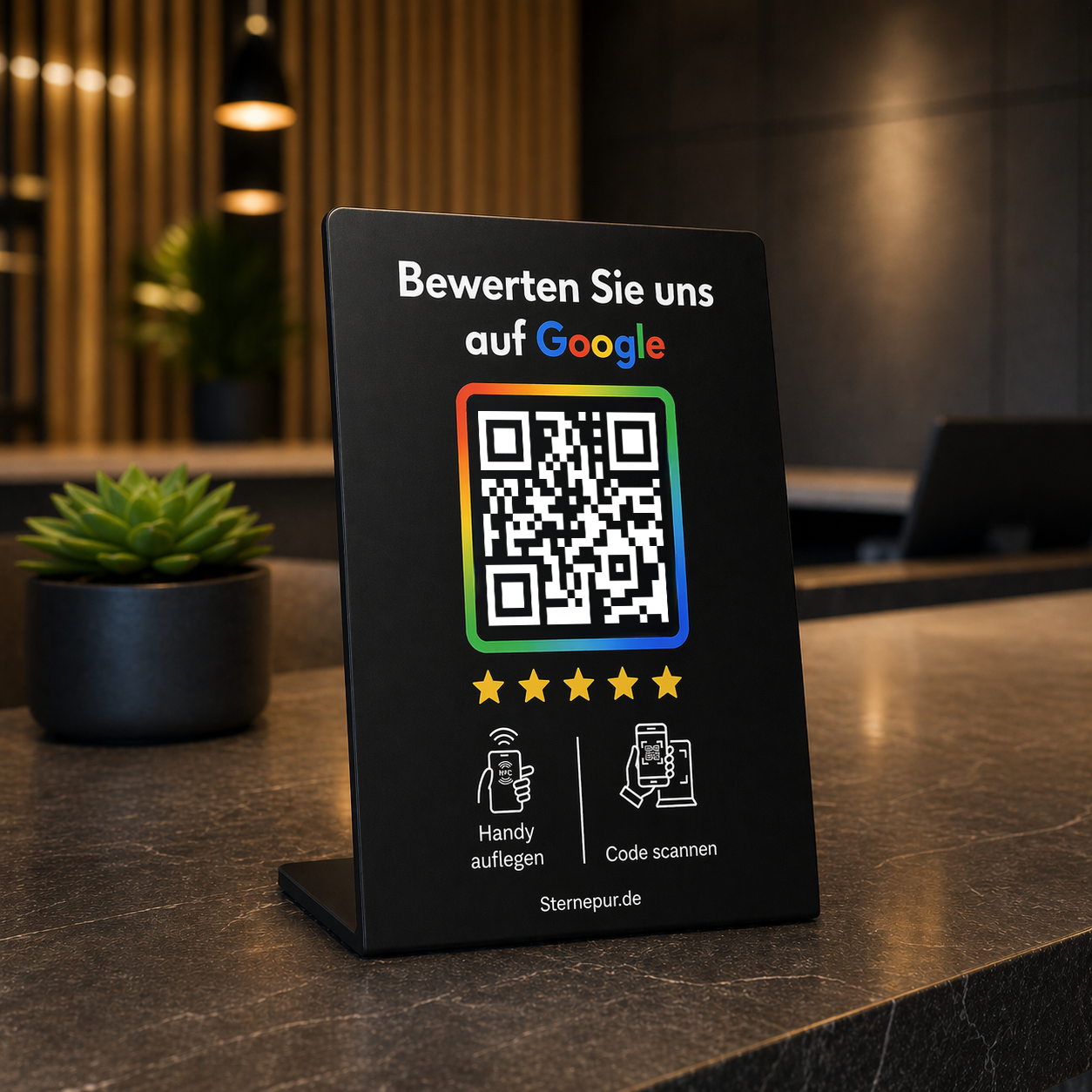 Google Bewertungs-Schild mit NFC-Chip und QR-Code für mehr echte Bewertungen