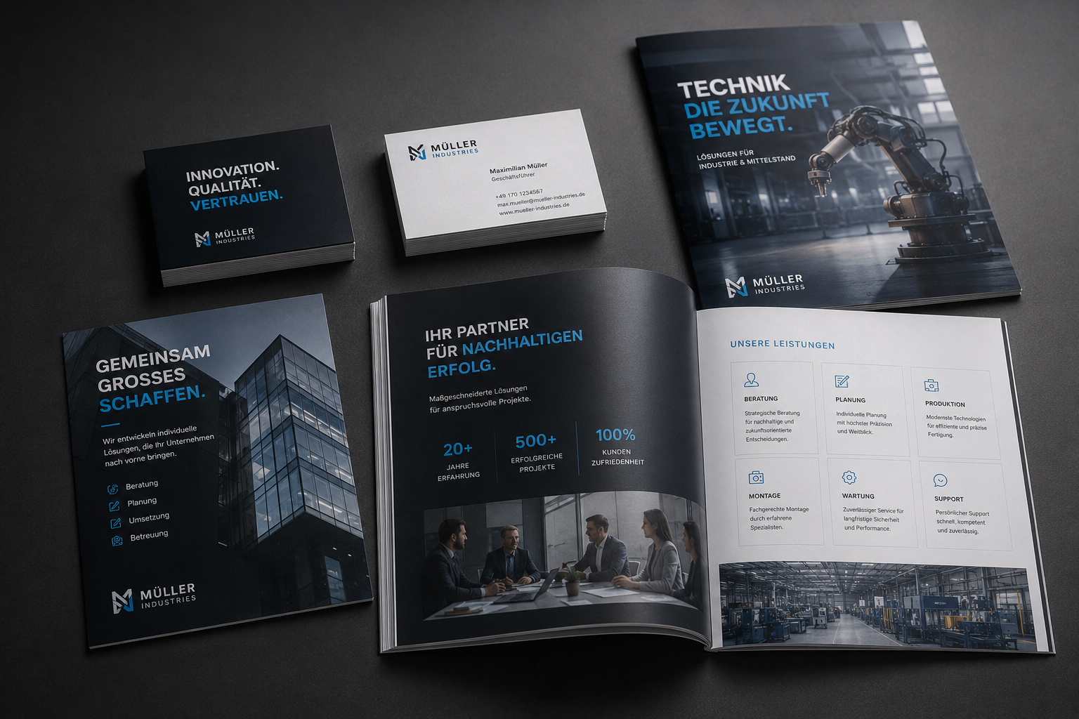 Hochwertige Druckprodukte wie Flyer, Visitenkarten und Broschüren im Marken-Design