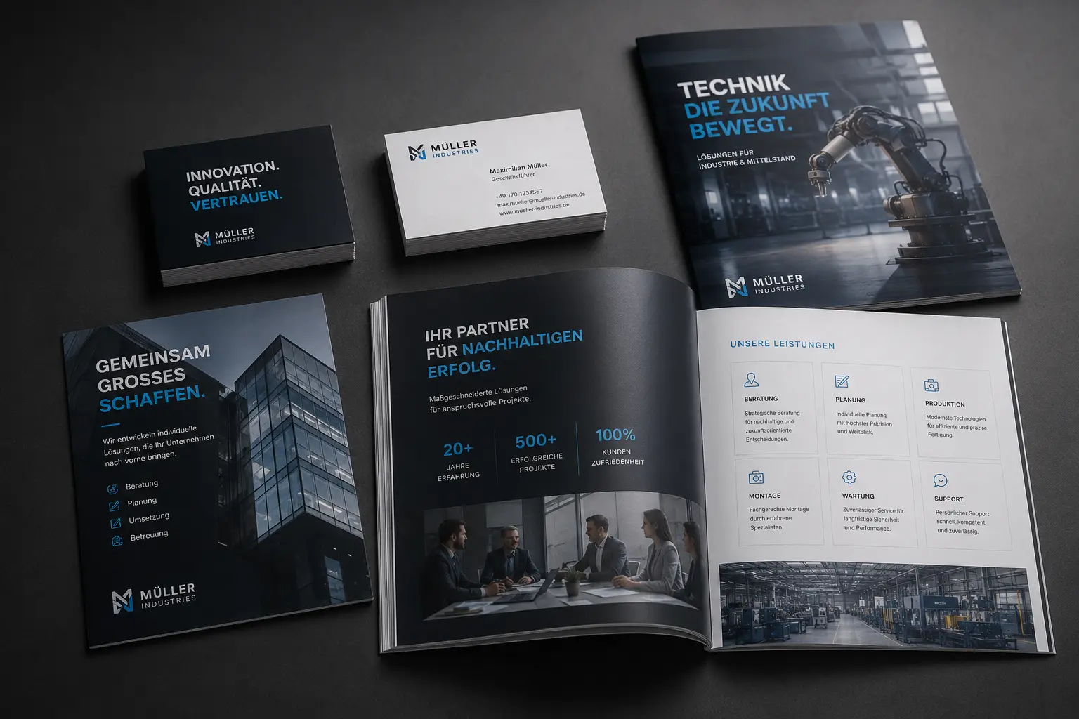 Hochwertige Druckprodukte wie Flyer, Visitenkarten und Broschüren im Marken-Design